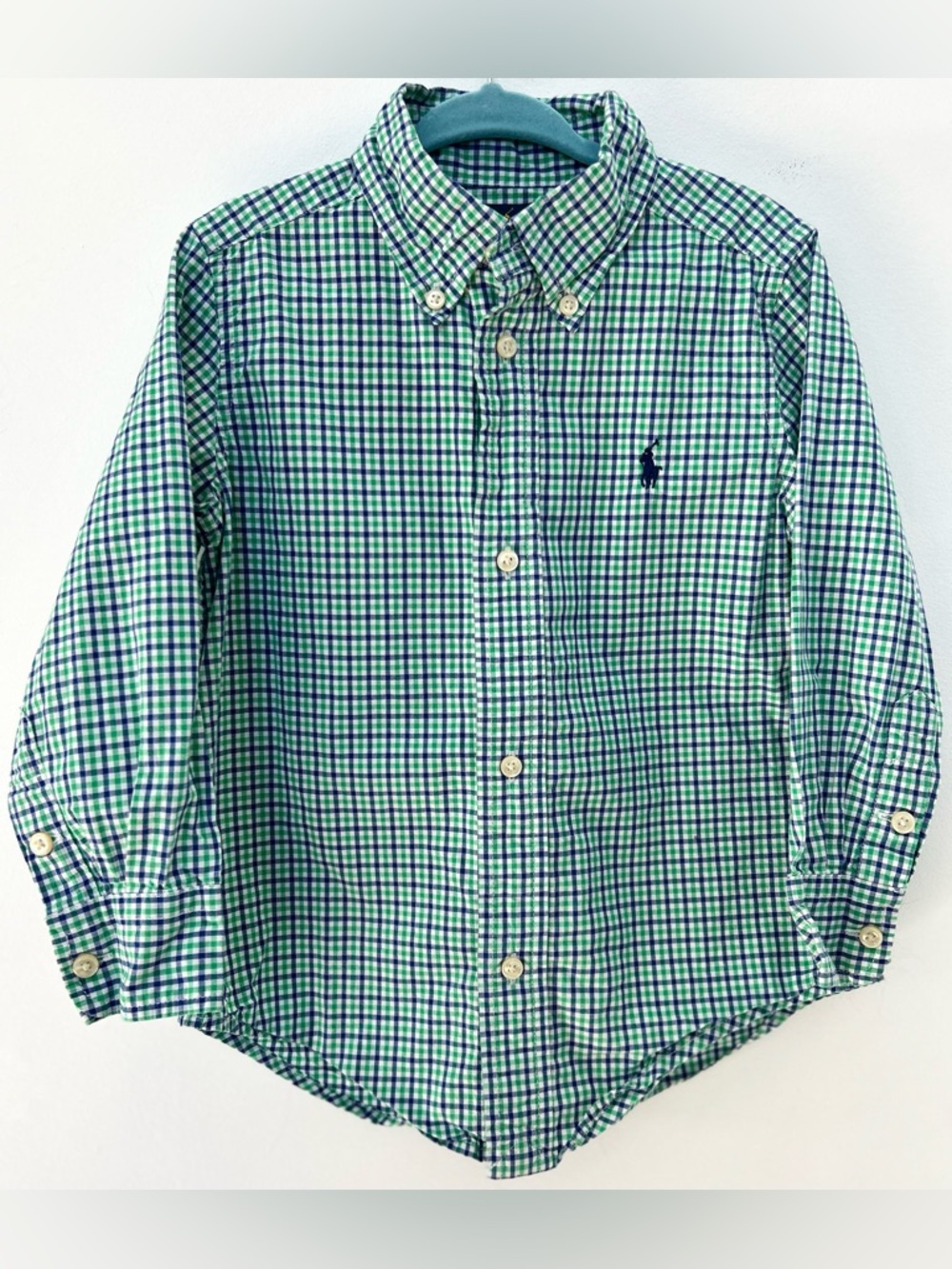 Ralph Lauren Boys 3T Gingham Button Down Shirt Blue Green Preppy